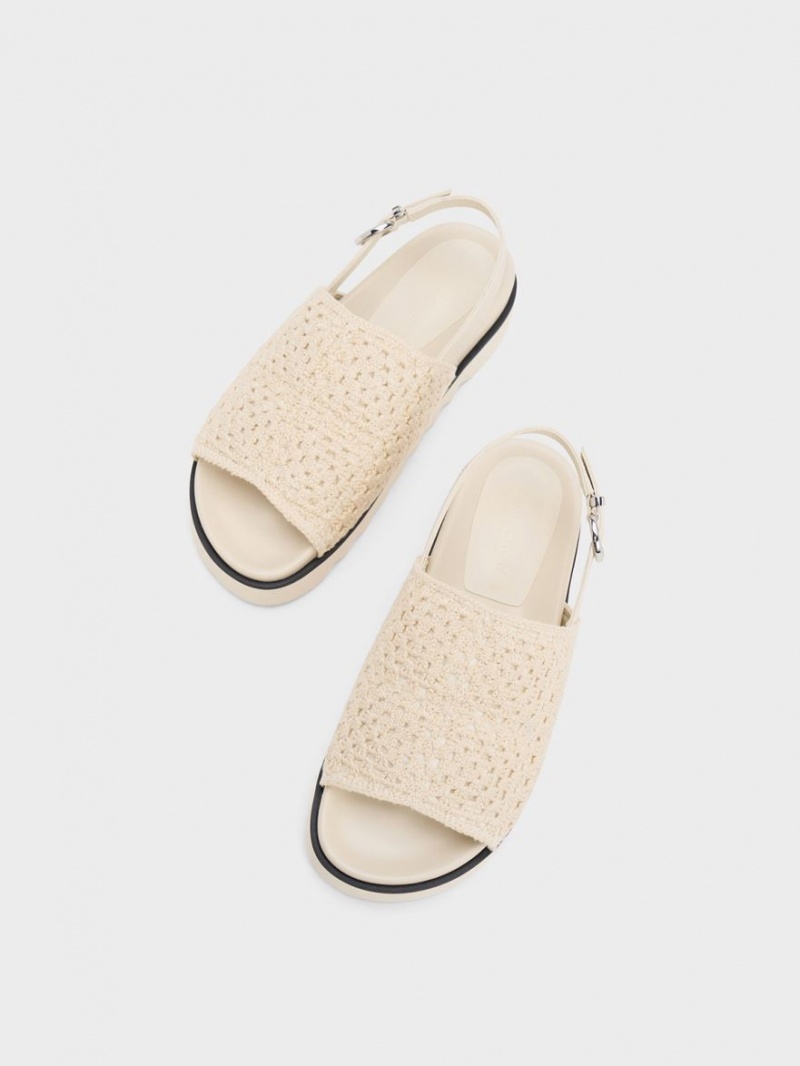 Charles And Keith Crochet & Leather Slingback Platform Sandals Cream | PHILIPPINES I598