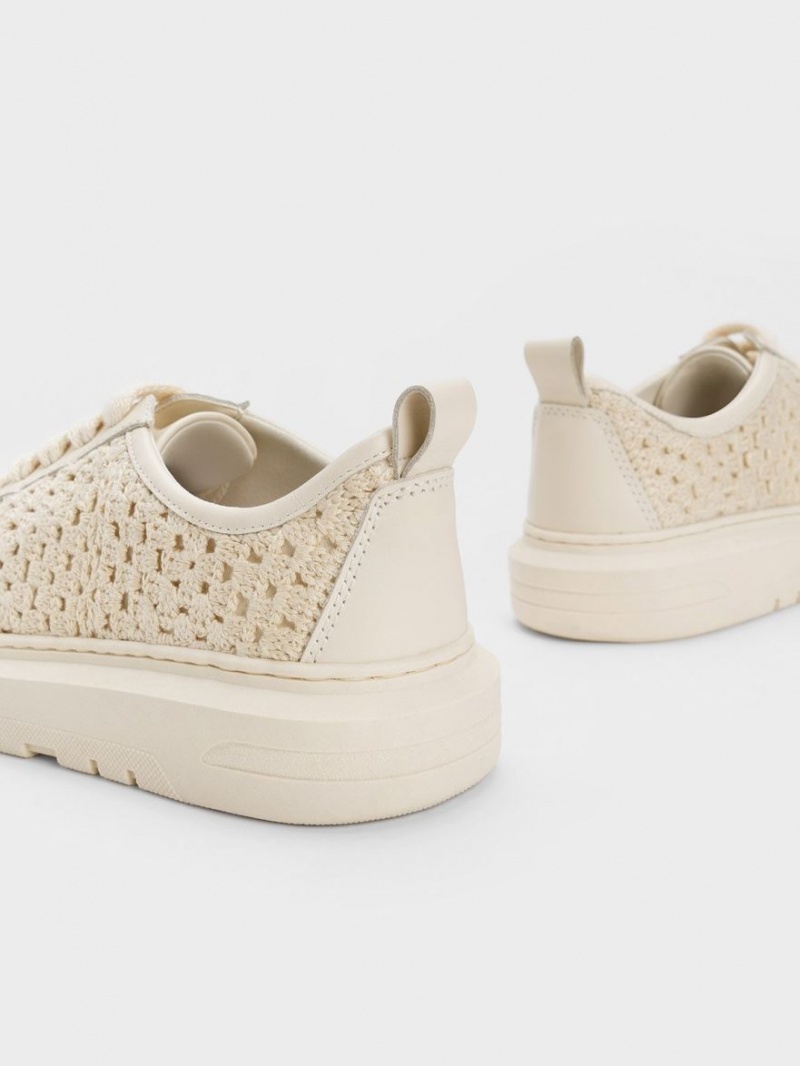 Charles And Keith Crochet & Leather Sneakers Beige | PHILIPPINES F126