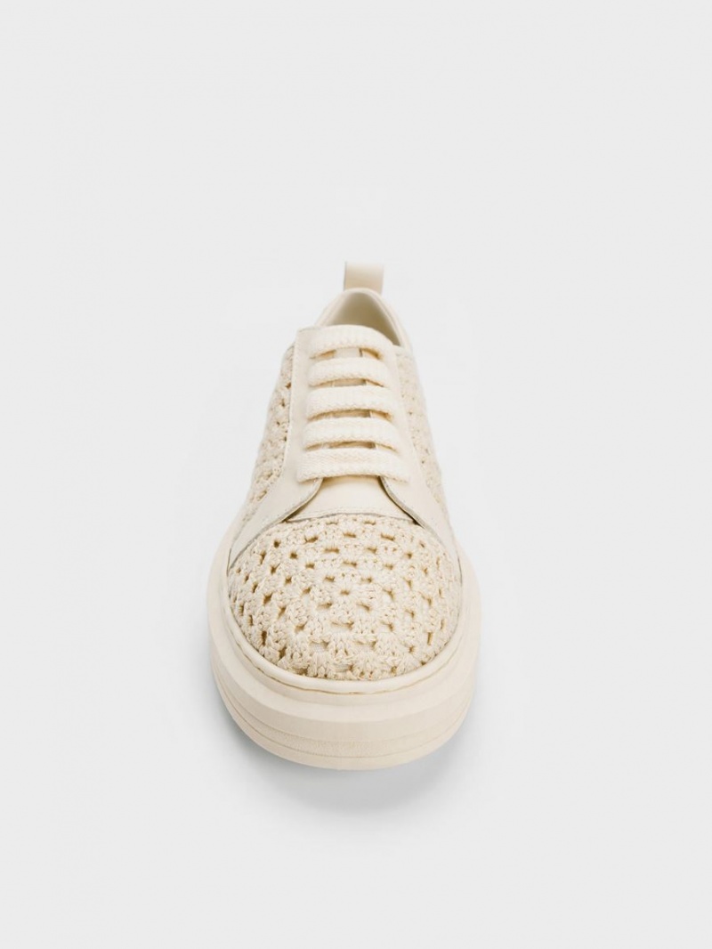 Charles And Keith Crochet & Leather Sneakers Beige | PHILIPPINES F126