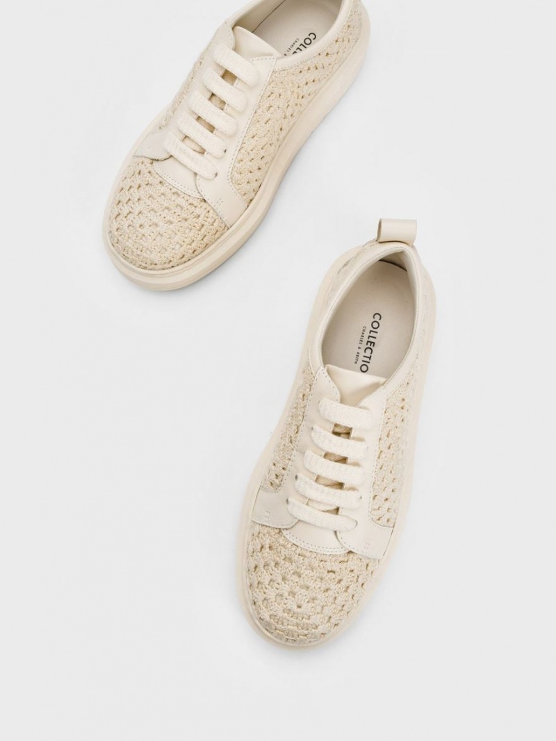 Charles And Keith Crochet & Leather Sneakers Beige | PHILIPPINES F126