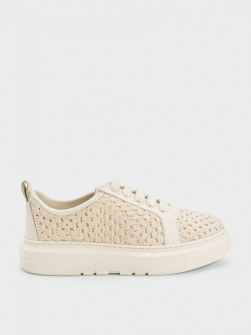 Charles And Keith Crochet & Leather Sneakers Beige | PHILIPPINES F126