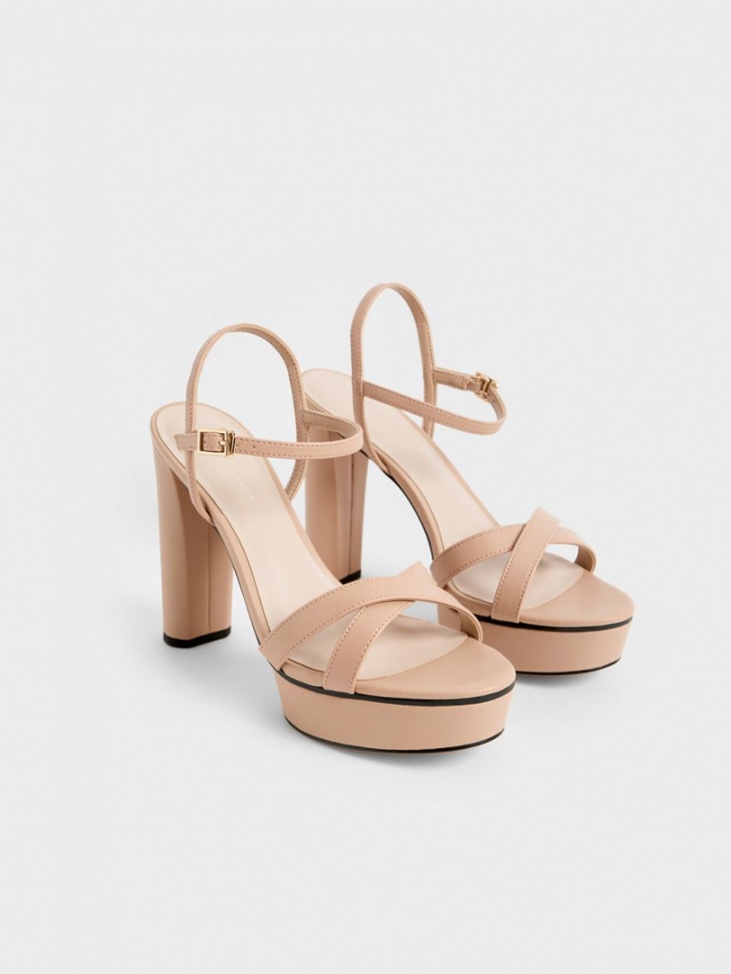 Charles And Keith Crossover Platform Heels Sandals Beige | PHILIPPINES R096