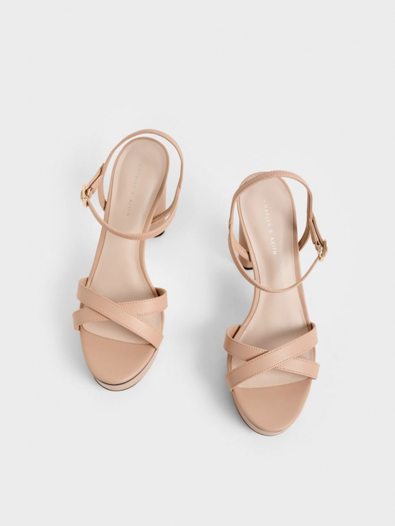 Charles And Keith Crossover Platform Heels Sandals Beige | PHILIPPINES R096