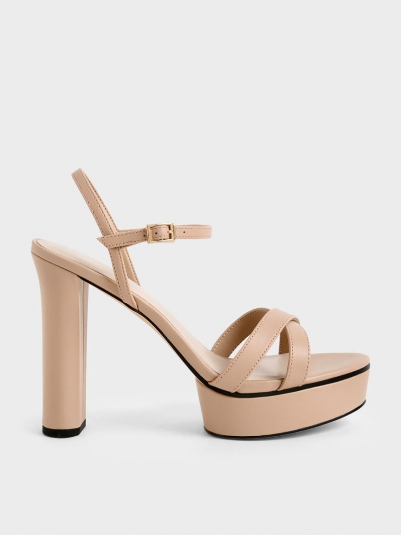 Charles And Keith Crossover Platform Heels Sandals Beige | PHILIPPINES R096