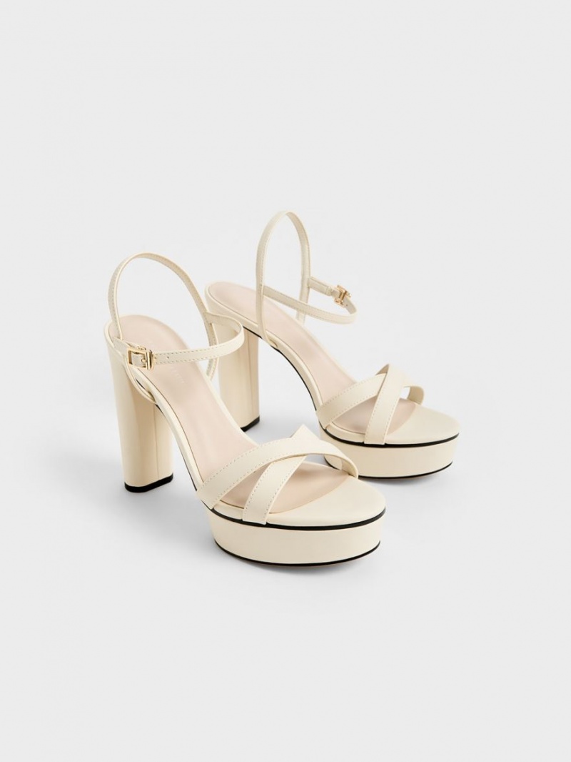 Charles And Keith Crossover Platform Heels Sandals Cream | PHILIPPINES I096