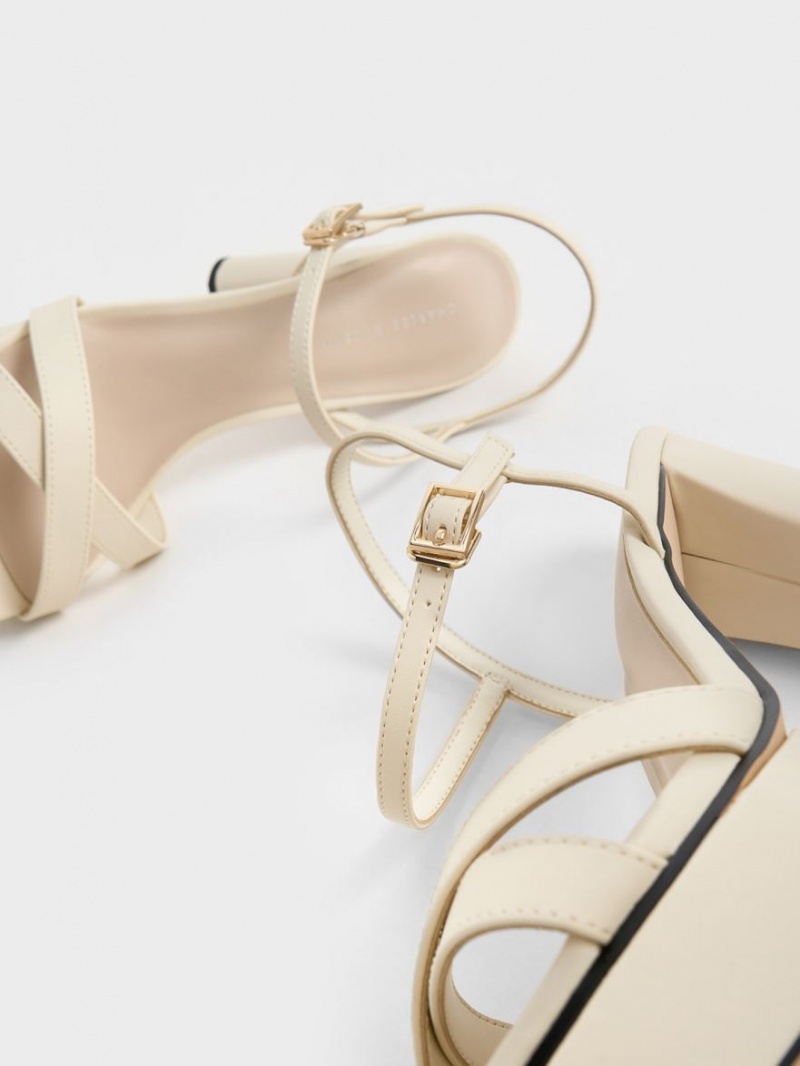 Charles And Keith Crossover Platform Heels Sandals Cream | PHILIPPINES I096