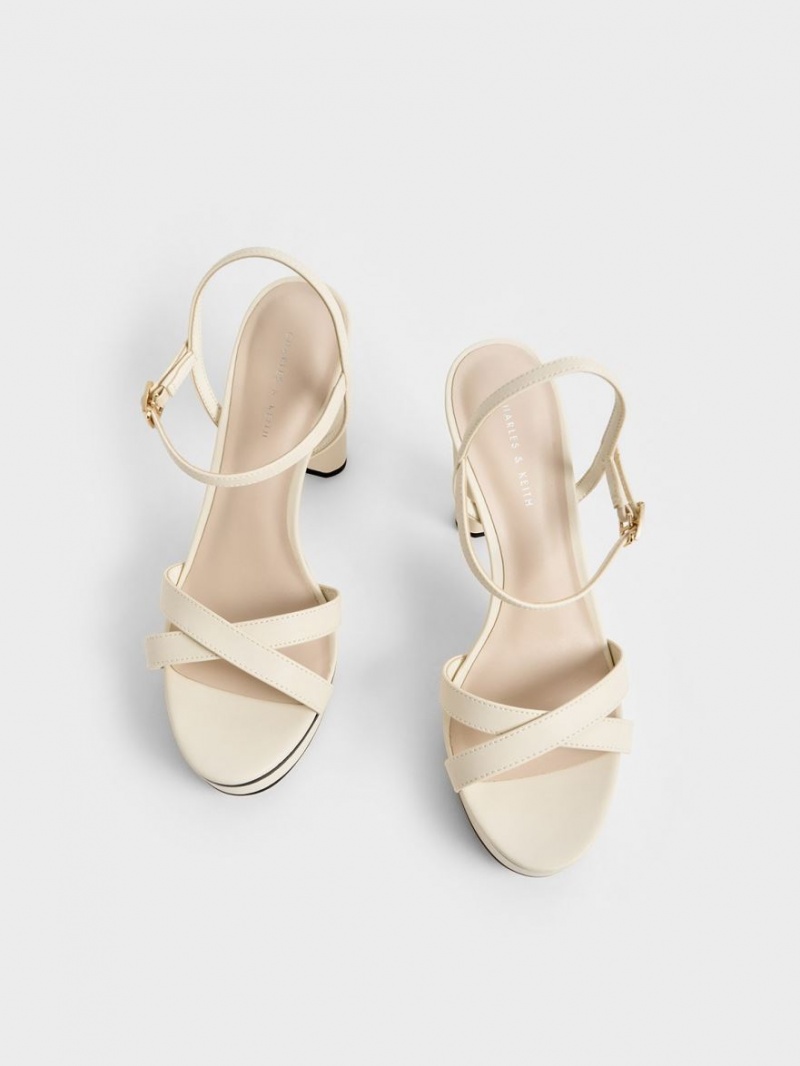 Charles And Keith Crossover Platform Heels Sandals Cream | PHILIPPINES I096