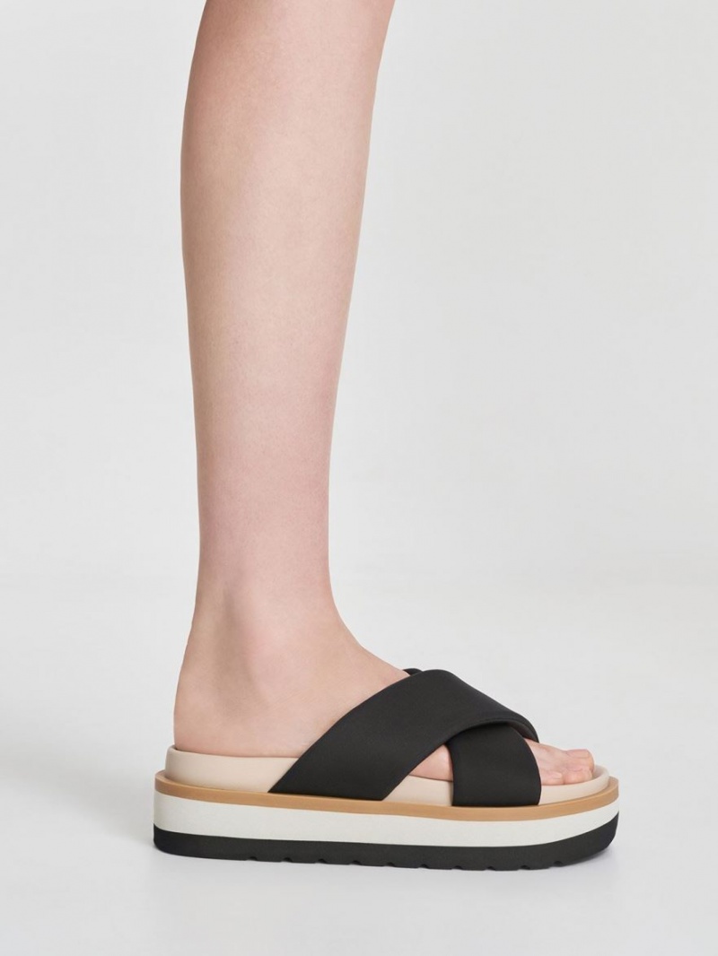 Charles And Keith Crossover Platform Slide Sandals Black | PHILIPPINES M685