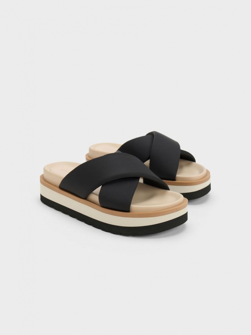 Charles And Keith Crossover Platform Slide Sandals Black | PHILIPPINES M685