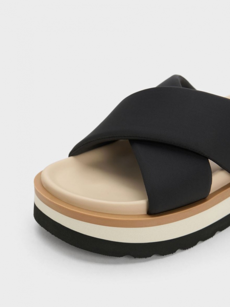 Charles And Keith Crossover Platform Slide Sandals Black | PHILIPPINES M685