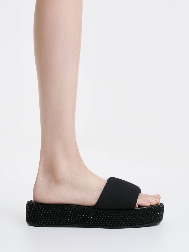 Charles And Keith Crystal-Embellished Nylon Platform Sandals Black | PHILIPPINES V428