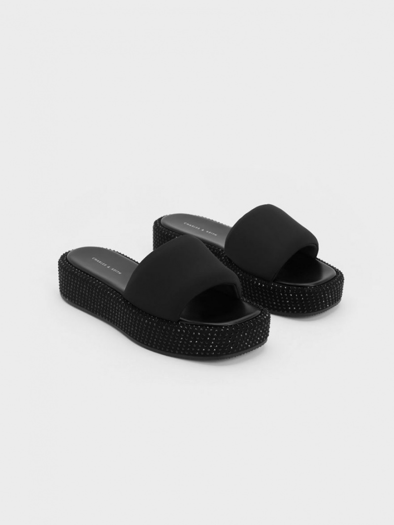 Charles And Keith Crystal-Embellished Nylon Platform Sandals Black | PHILIPPINES V428