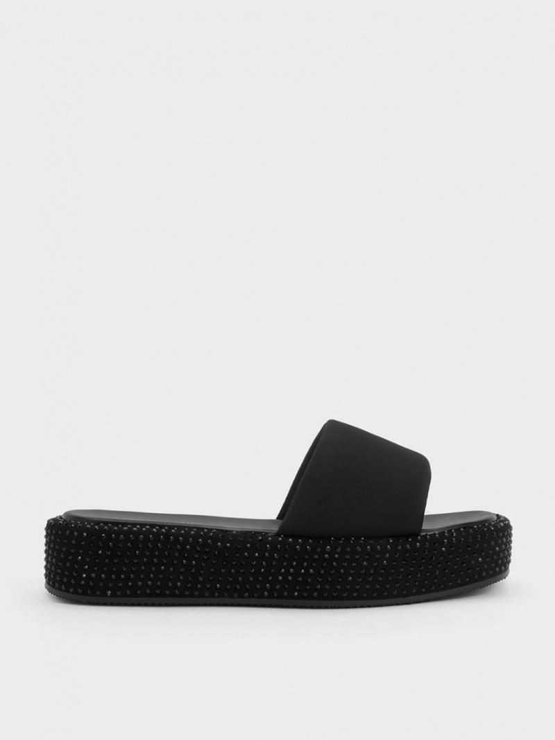 Charles And Keith Crystal-Embellished Nylon Platform Sandals Black | PHILIPPINES V428