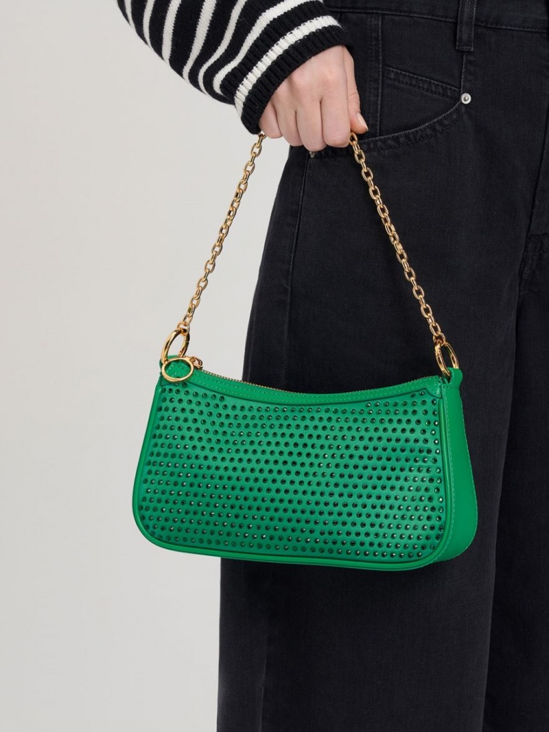 Charles And Keith Crystal-Embellished Satin Shoulder Bags Green | PHILIPPINES X342