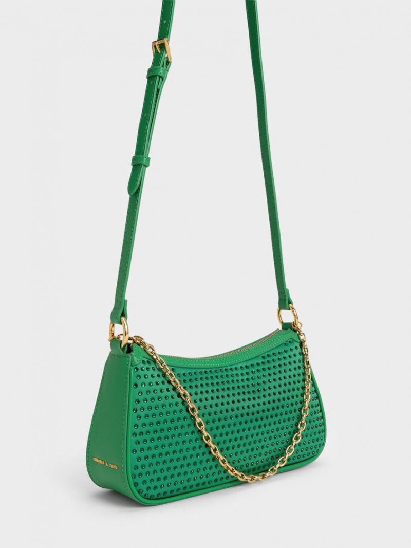 Charles And Keith Crystal-Embellished Satin Shoulder Bags Green | PHILIPPINES X342