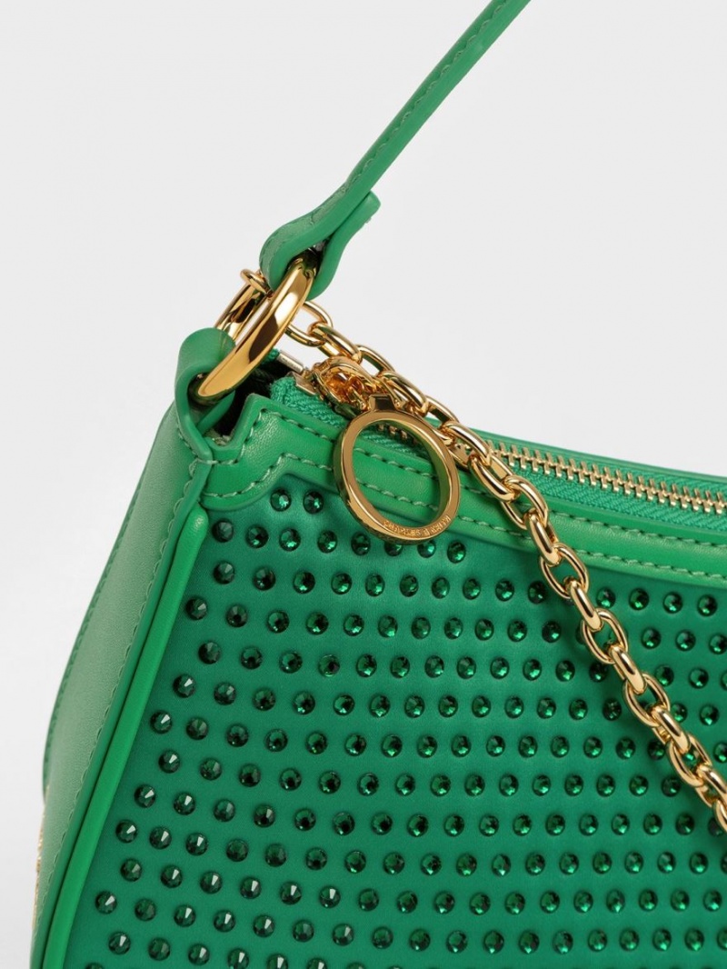 Charles And Keith Crystal-Embellished Satin Shoulder Bags Green | PHILIPPINES X342