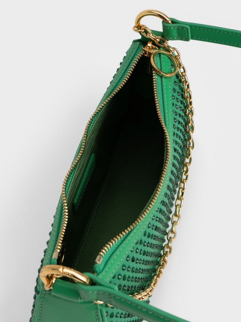 Charles And Keith Crystal-Embellished Satin Shoulder Bags Green | PHILIPPINES X342