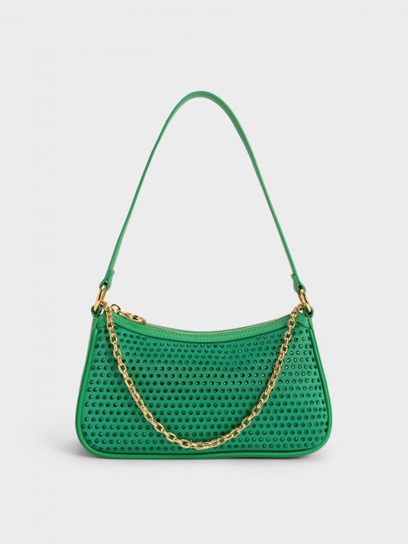 Charles And Keith Crystal-Embellished Satin Shoulder Bags Green | PHILIPPINES X342