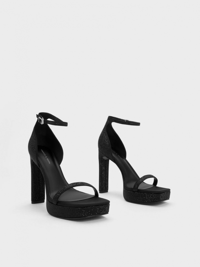 Charles And Keith Crystal Ankle-Strap Platform Sandals Black | PHILIPPINES N357