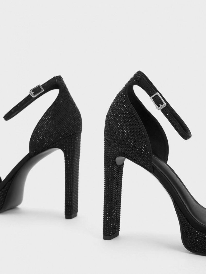 Charles And Keith Crystal Ankle-Strap Platform Sandals Black | PHILIPPINES N357