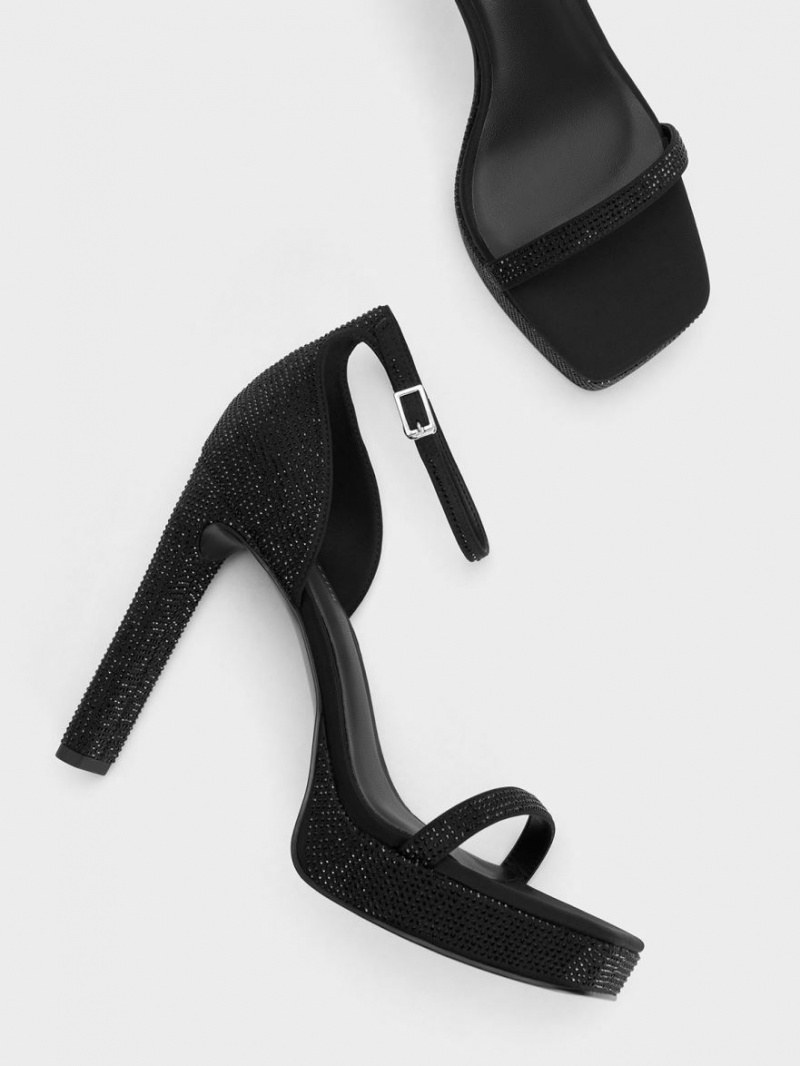 Charles And Keith Crystal Ankle-Strap Platform Sandals Black | PHILIPPINES N357