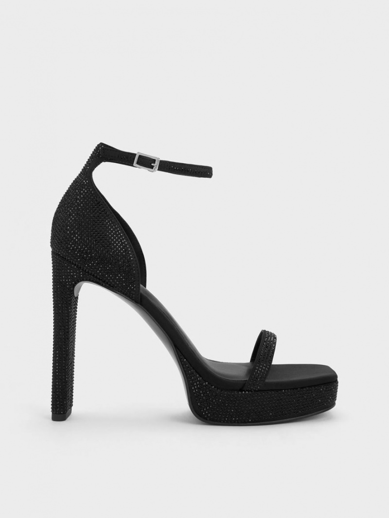 Charles And Keith Crystal Ankle-Strap Platform Sandals Black | PHILIPPINES N357