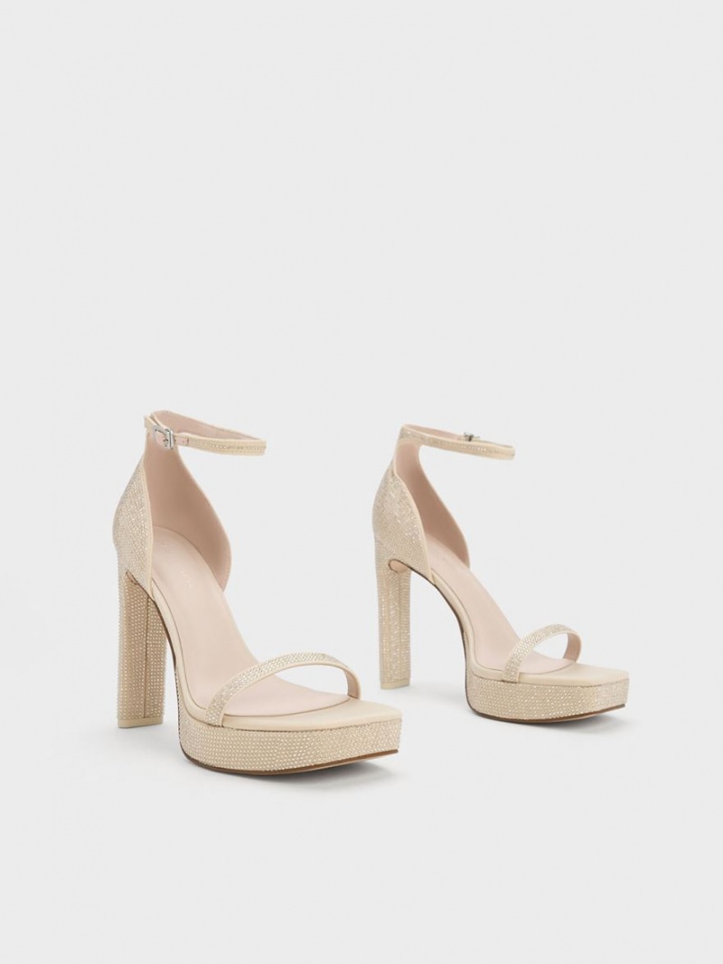 Charles And Keith Crystal Ankle-Strap Platform Sandals Beige | PHILIPPINES L716