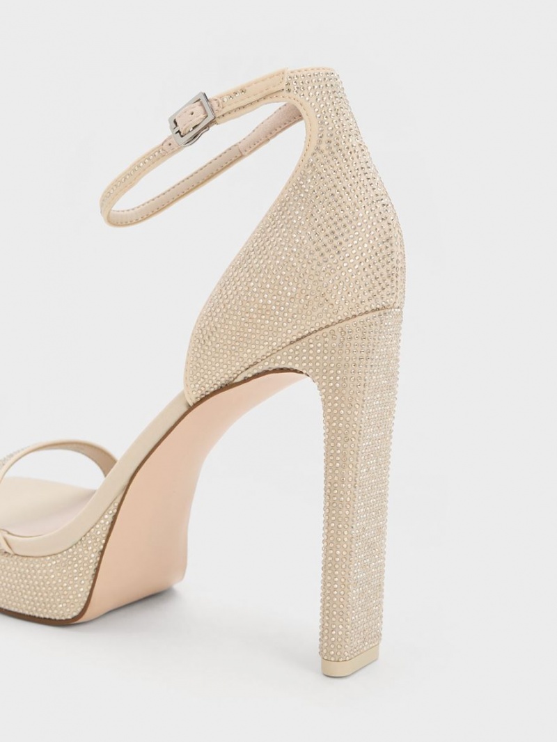 Charles And Keith Crystal Ankle-Strap Platform Sandals Beige | PHILIPPINES L716