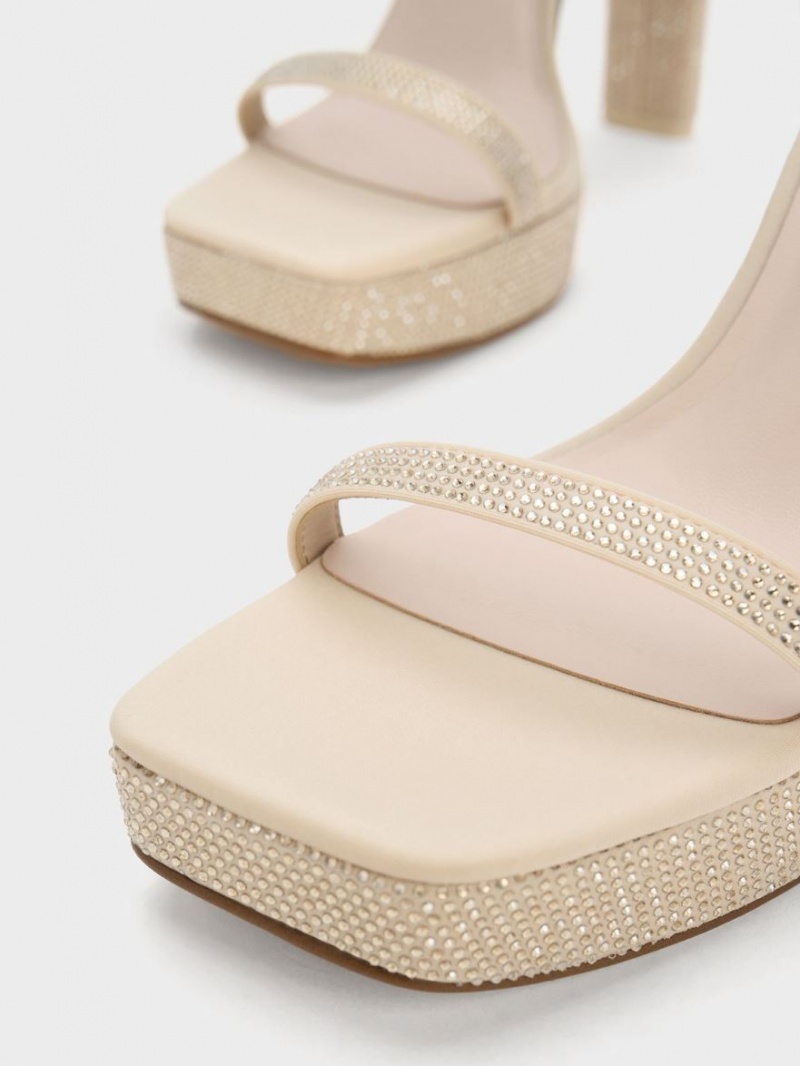 Charles And Keith Crystal Ankle-Strap Platform Sandals Beige | PHILIPPINES L716