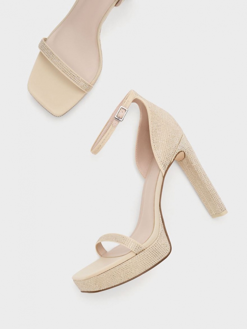 Charles And Keith Crystal Ankle-Strap Platform Sandals Beige | PHILIPPINES L716