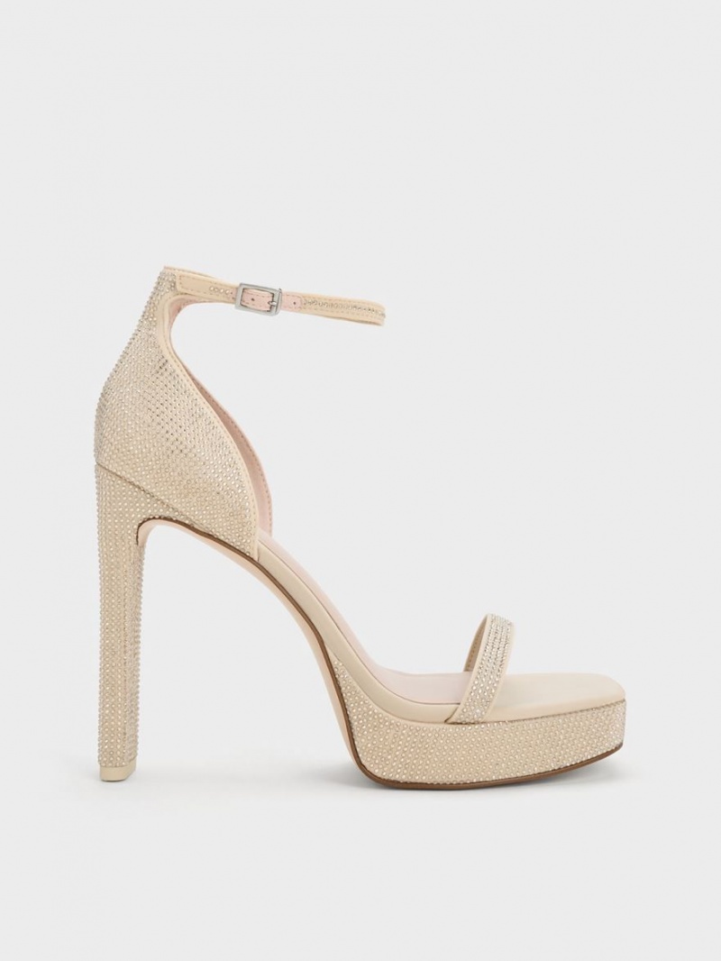 Charles And Keith Crystal Ankle-Strap Platform Sandals Beige | PHILIPPINES L716