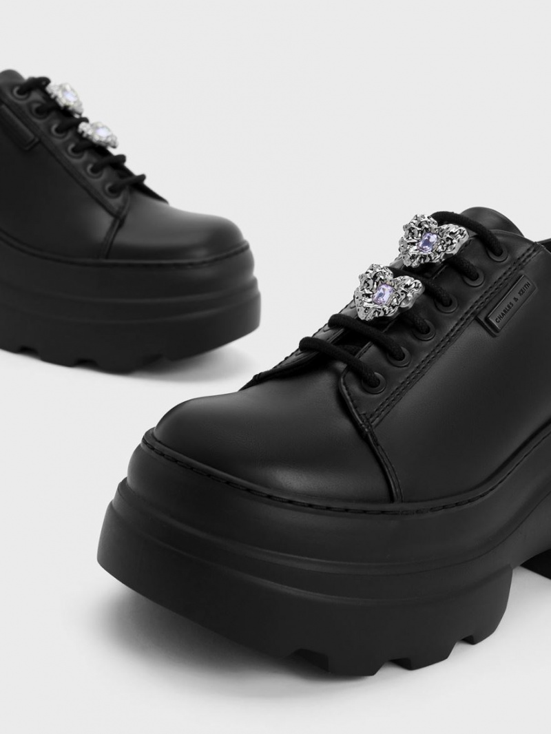 Charles And Keith Crystal Heart-Motif Lace-Up Oxfords Platform Boots Black | PHILIPPINES G467