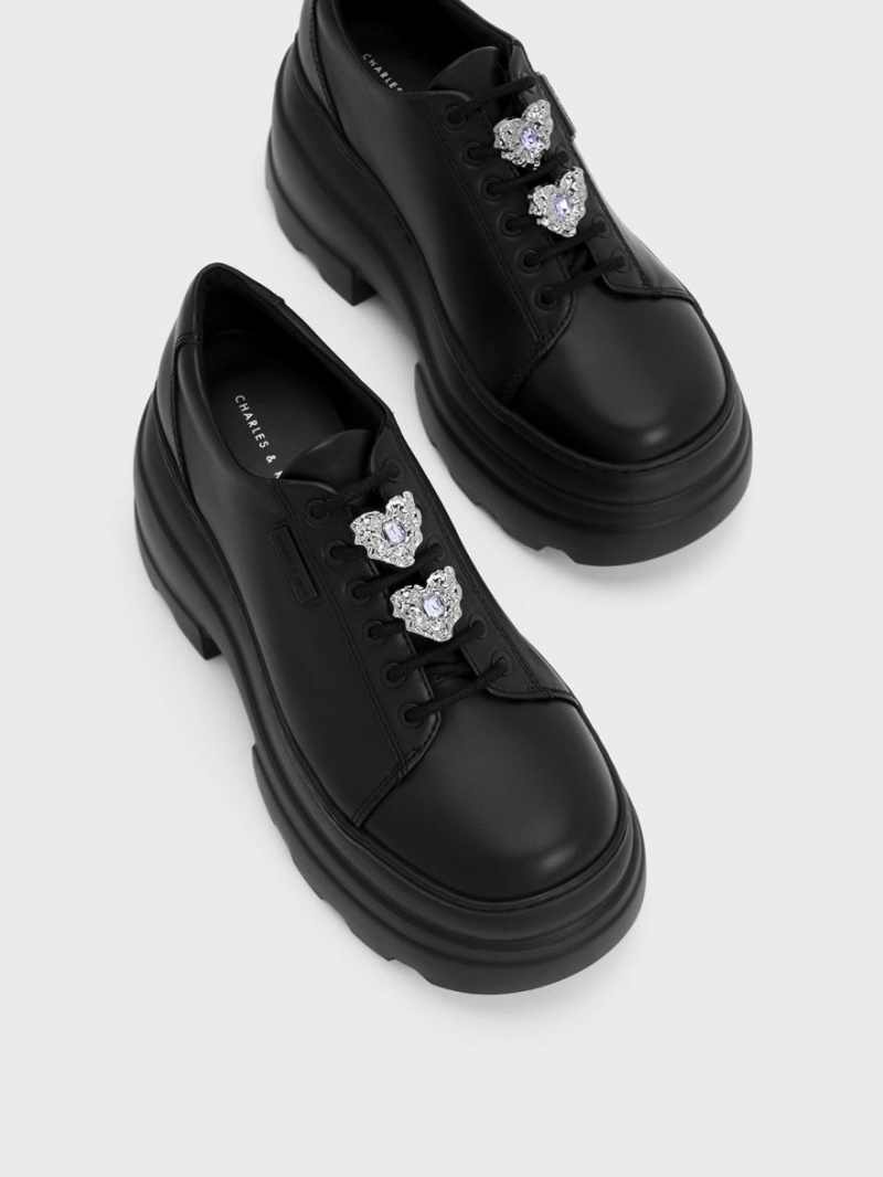 Charles And Keith Crystal Heart-Motif Lace-Up Oxfords Platform Boots Black | PHILIPPINES G467