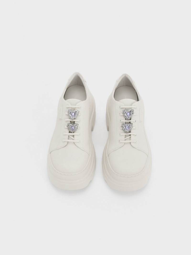 Charles And Keith Crystal Heart-Motif Lace-Up Oxfords Platform Boots White | PHILIPPINES L231