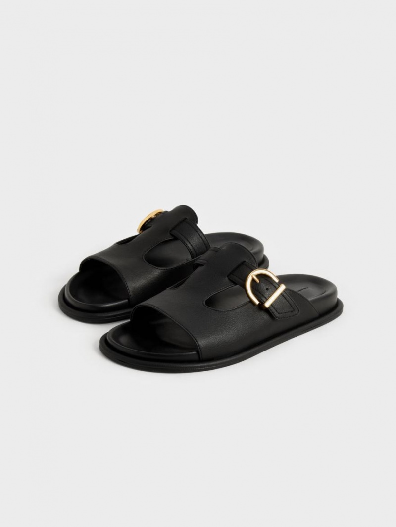 Charles And Keith Cut-Out Buckled Slides Black | PHILIPPINES J498