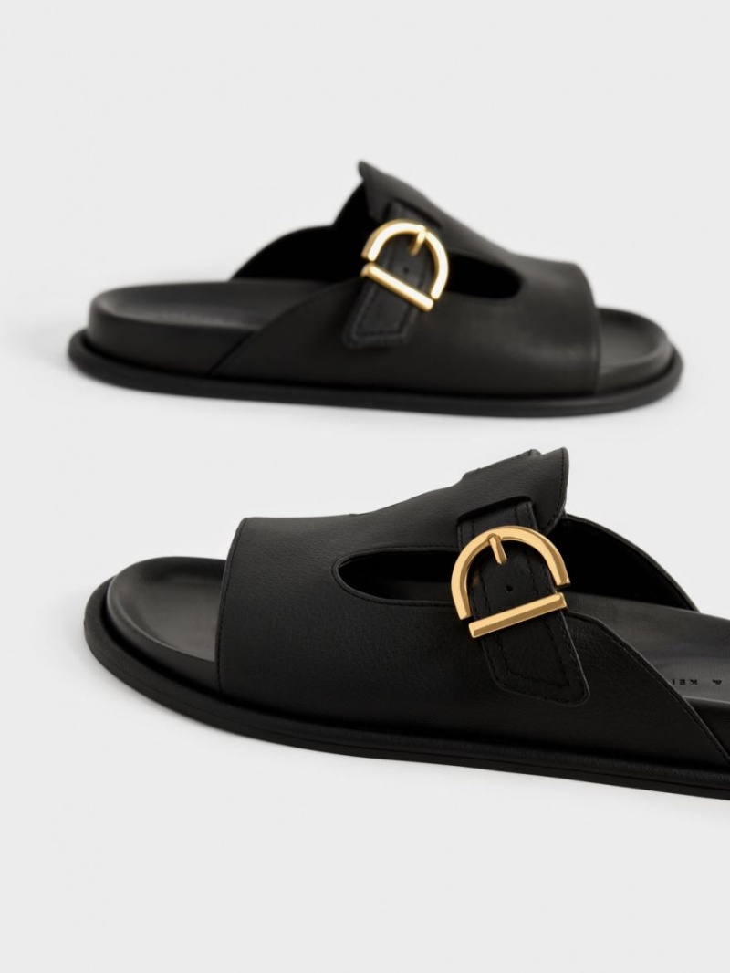 Charles And Keith Cut-Out Buckled Slides Black | PHILIPPINES J498