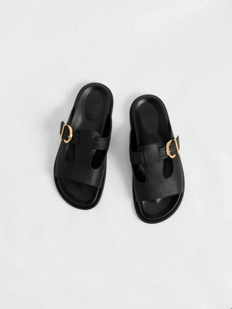 Charles And Keith Cut-Out Buckled Slides Black | PHILIPPINES J498