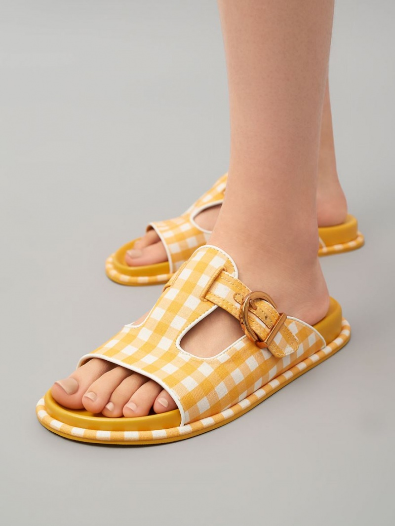 Charles And Keith Cut-Out Linen Gingham-Print Buckled Slides Yellow | PHILIPPINES I497