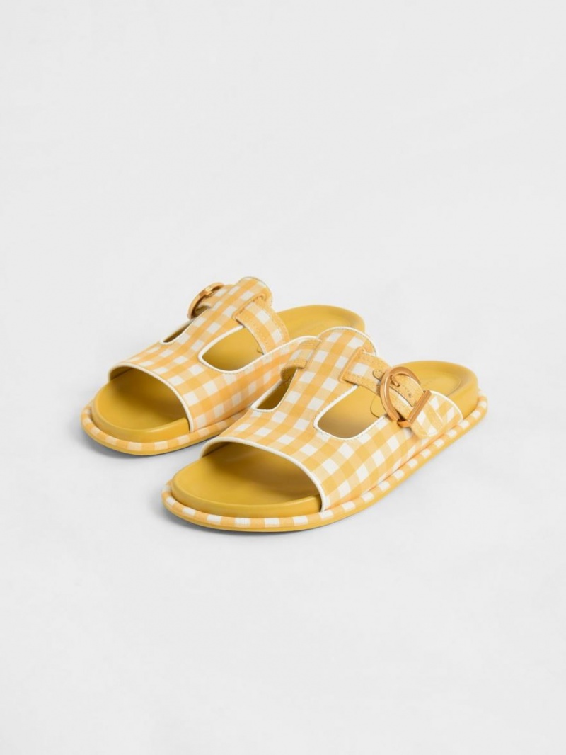 Charles And Keith Cut-Out Linen Gingham-Print Buckled Slides Yellow | PHILIPPINES I497