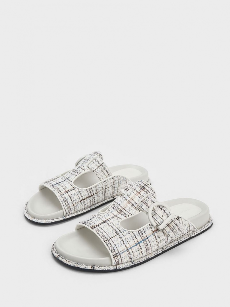 Charles And Keith Cut-Out Tweed Buckled Slides White | PHILIPPINES Q168