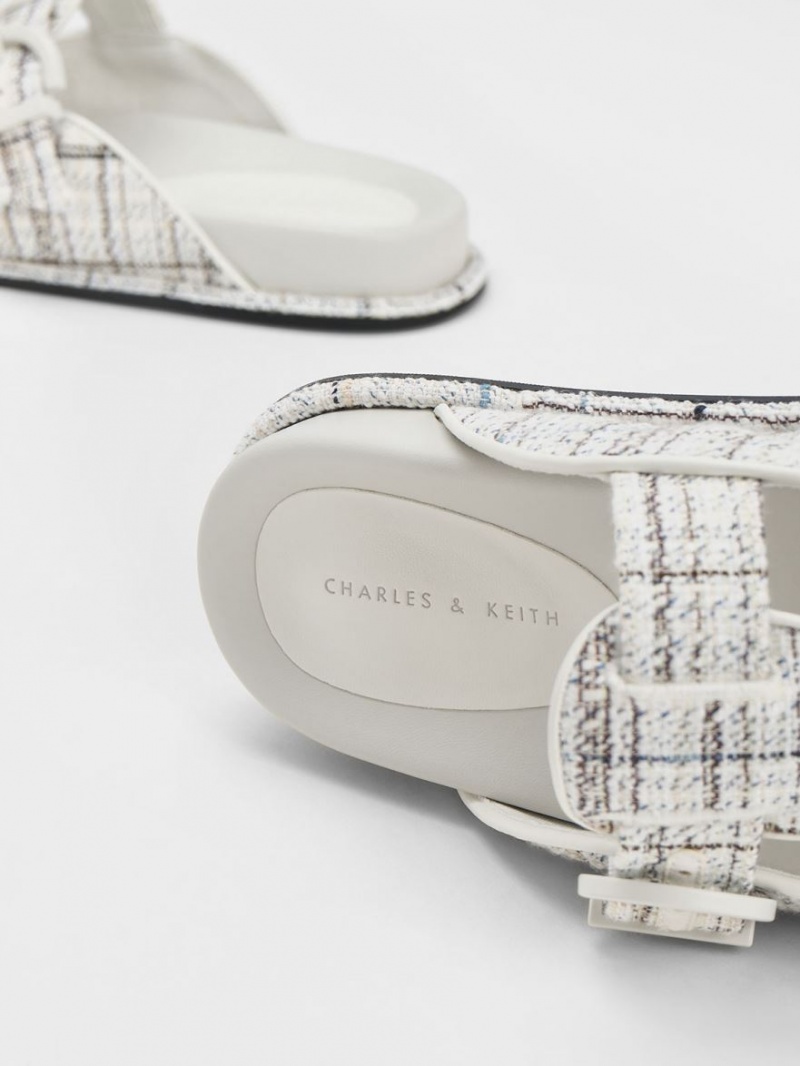 Charles And Keith Cut-Out Tweed Buckled Slides White | PHILIPPINES Q168