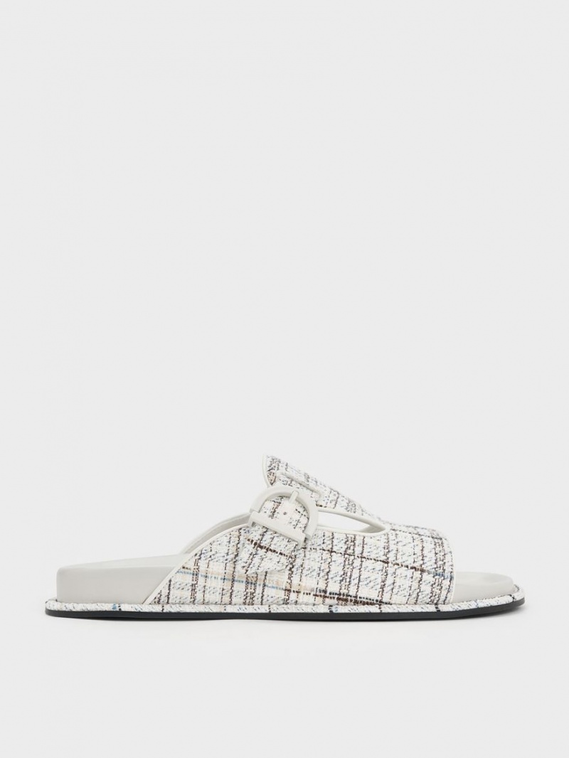 Charles And Keith Cut-Out Tweed Buckled Slides White | PHILIPPINES Q168