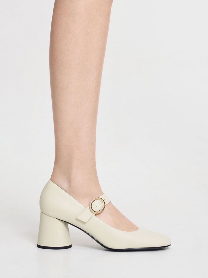 Charles And Keith Cylindrical Block Heel Mary Jane Shoes Cream | PHILIPPINES A590