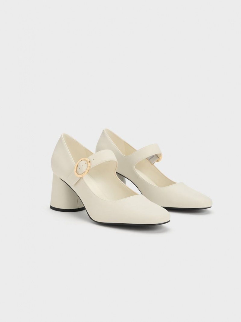 Charles And Keith Cylindrical Block Heel Mary Jane Shoes Cream | PHILIPPINES A590