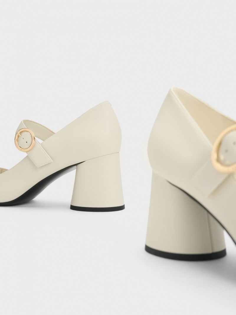 Charles And Keith Cylindrical Block Heel Mary Jane Shoes Cream | PHILIPPINES A590