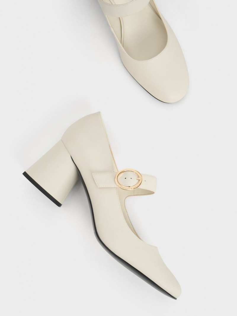 Charles And Keith Cylindrical Block Heel Mary Jane Shoes Cream | PHILIPPINES A590