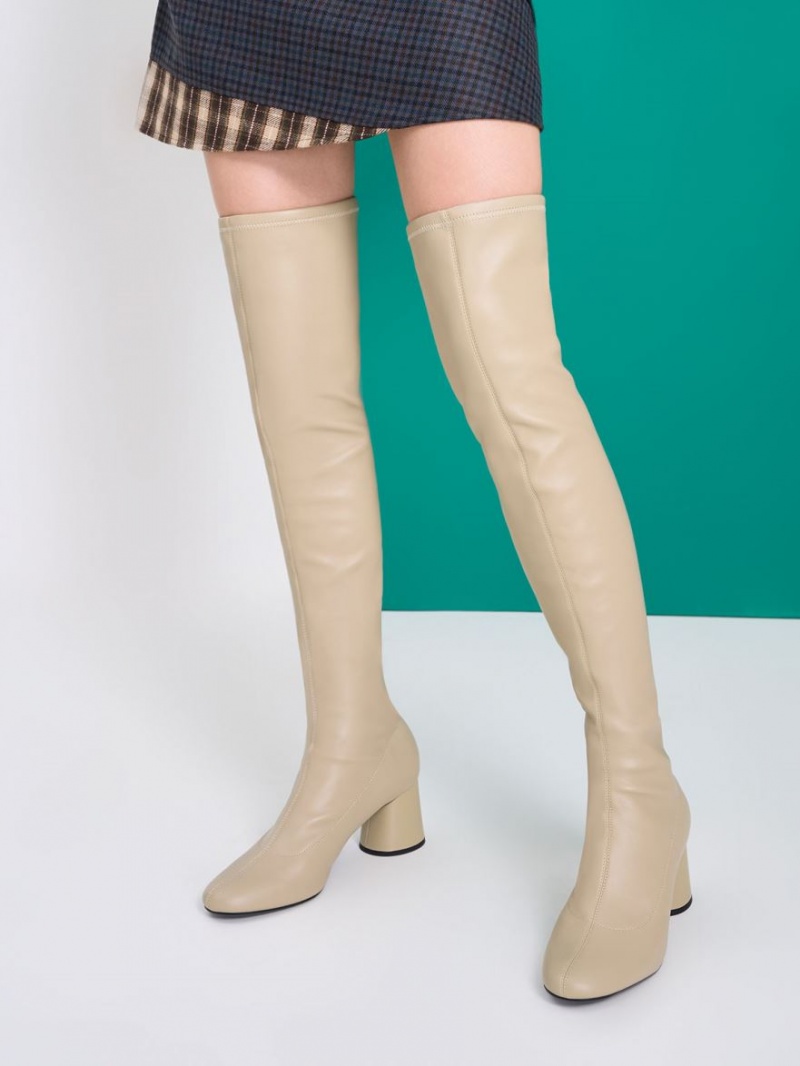 Charles And Keith Cylindrical Heel Thigh High Boots Beige | PHILIPPINES P621