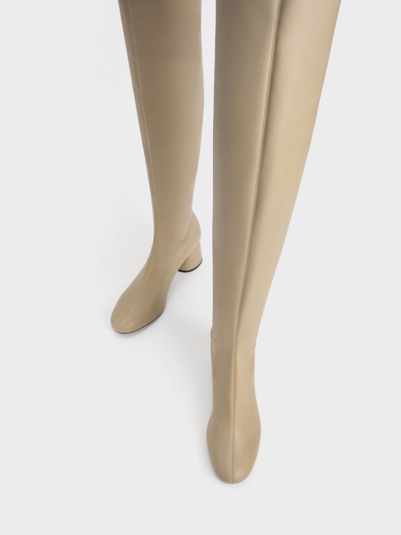 Charles And Keith Cylindrical Heel Thigh High Boots Beige | PHILIPPINES P621