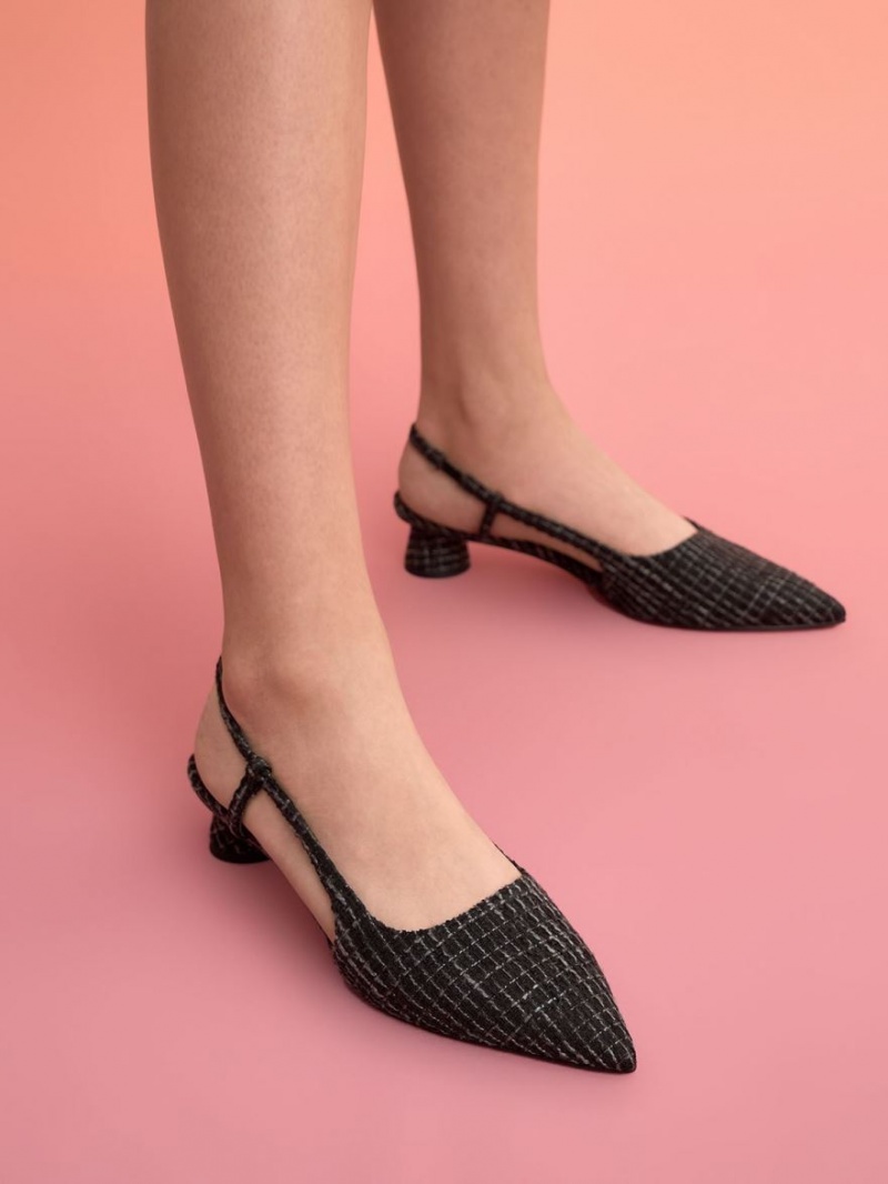 Charles And Keith Cylindrical Heel Tweed Slingback Pumps Black | PHILIPPINES D870