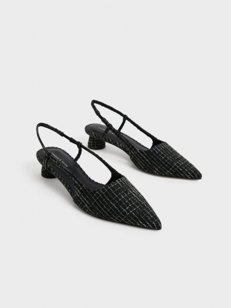 Charles And Keith Cylindrical Heel Tweed Slingback Pumps Black | PHILIPPINES D870